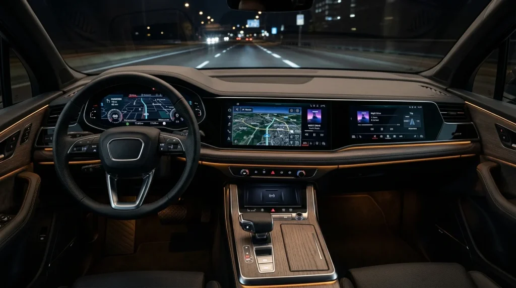 Triple-screen Digital Stage layout featuring curved displays and premium wood trim inside the new flagship German SUV.