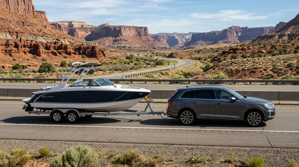 Side view of the full-size three-row vehicle towing a boat trailer on a highway.