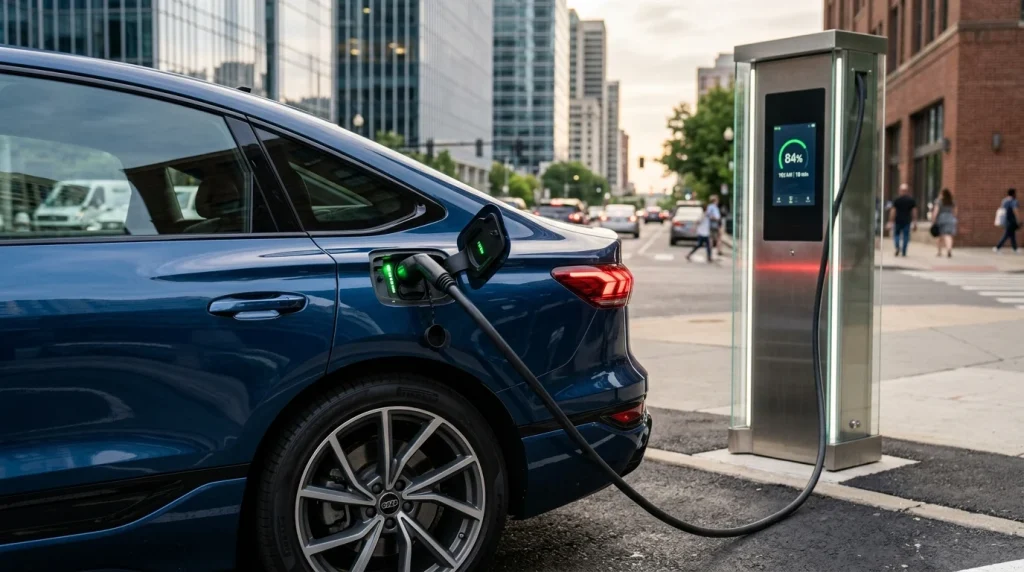 2026 Audi S6 e-tron charging at a public DC fast charging station