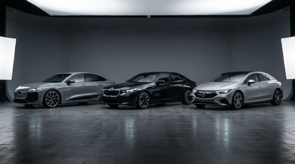 Comparison of 2026 Audi S6 e-tron, BMW i5, and Mercedes EQE
