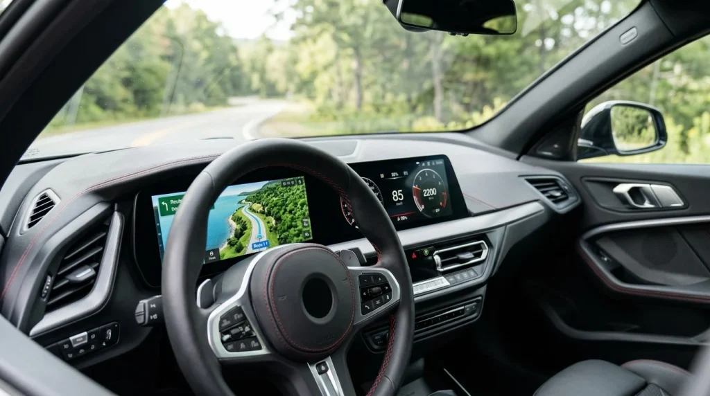 Close-up of the curved digital display dashboard inside the 2026 BMW 2-Series Gran Coupe.