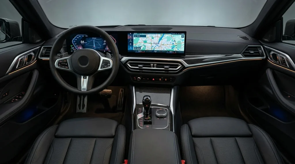 The premium interior cockpit of a 2026 BMW 4 Series showcasing the Curved Display.