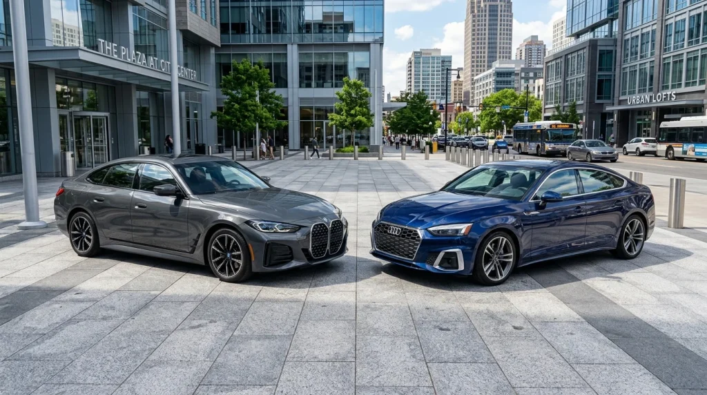2026 BMW 4 Series Gran Coupe Review: Prices, Specs, and Updates 5 Side-by-side comparison of the 2026 BMW 4 Series Gran Coupe and the Audi A5 in a plaza.