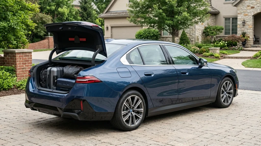 Open trunk of the 2026 BMW 5-Series showing cargo room.