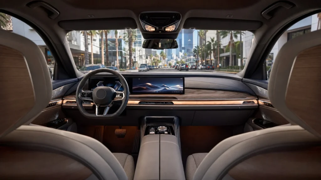 The high-tech curved screen and modern dashboard inside the 2026 BMW 7-Series