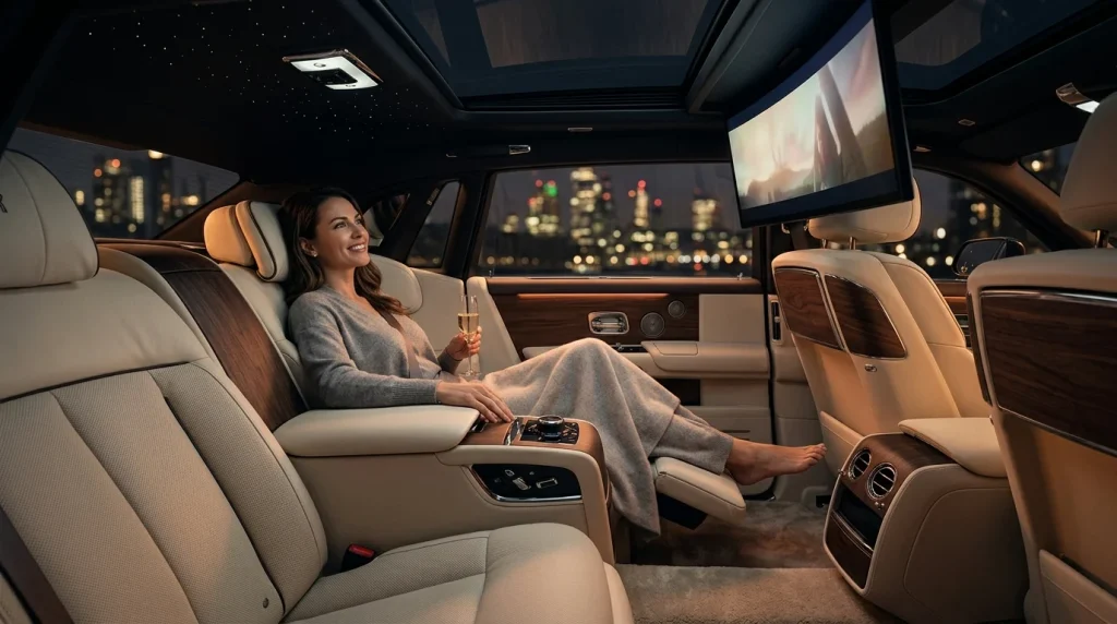The premium rear seats and Theater Screen entertainment system of the 2026 BMW 7-Series