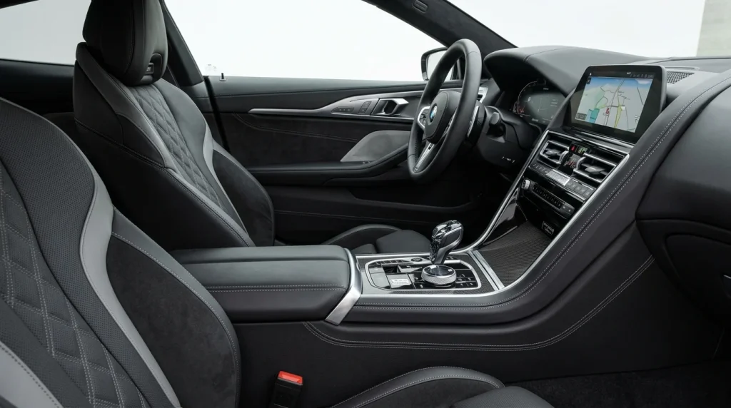 Premium interior cabin of a 2026 BMW M850i Edition M Heritage showing Merino leather seats and carbon fiber trim