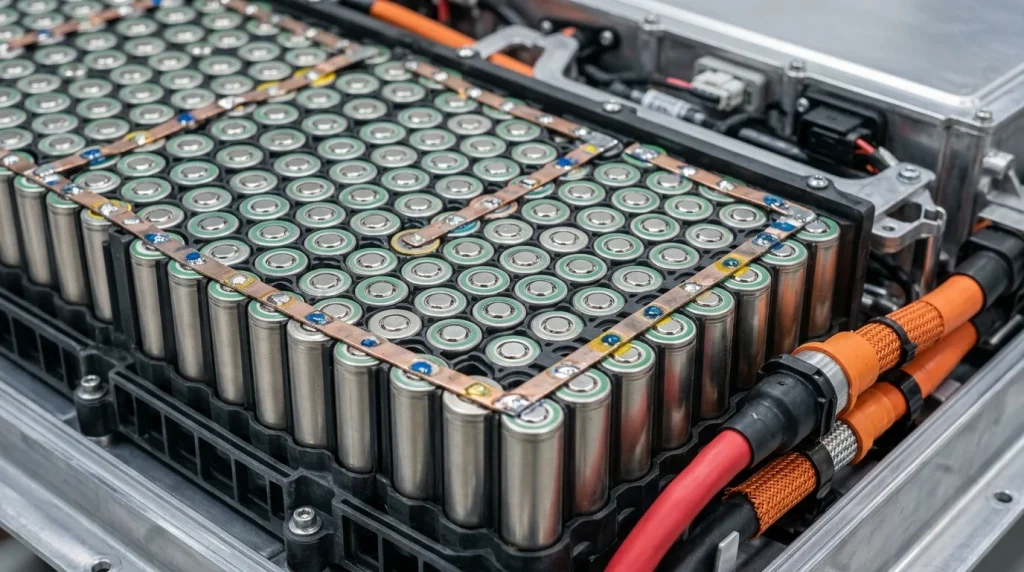 Technical view of the 800V cylindrical cell battery pack structure.