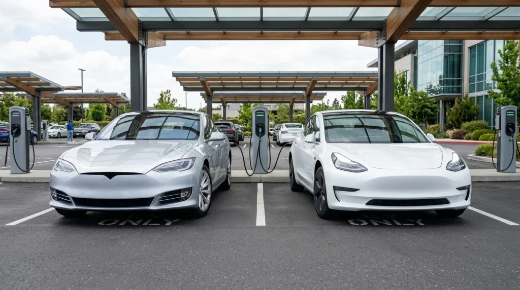 BMW i3 and Tesla Model 3 parked at a charging station.