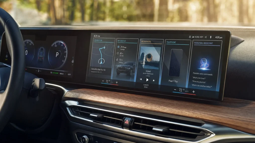 Digital cockpit of the 2026 BMW i4 showing the updated curved display and premium interior dashboard details.