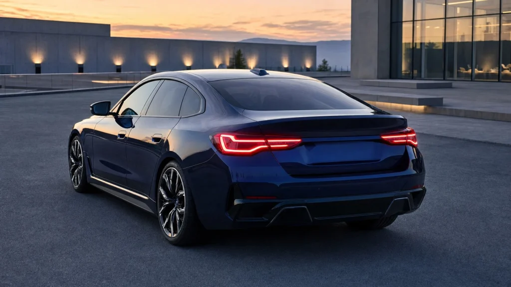 Rear view of the 2026 BMW i4 M60 highlighting the detailed Laserlight taillights at dusk.