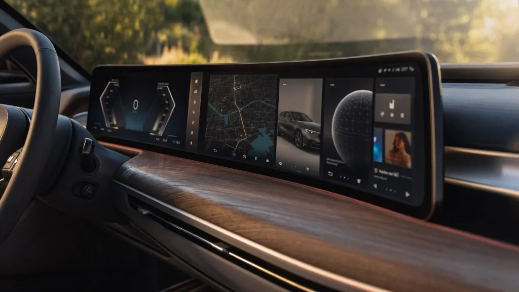 Digital cockpit of the 2026 BMW i4 showing the updated curved display and premium interior dashboard details.
