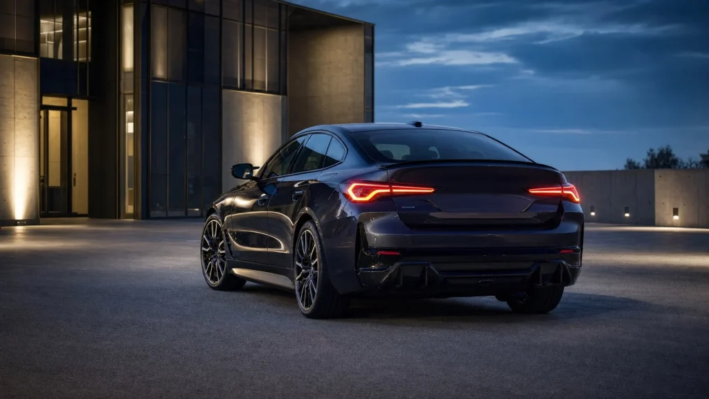 Rear view of the 2026 BMW i4 M60 highlighting the detailed Laserlight taillights at dusk.