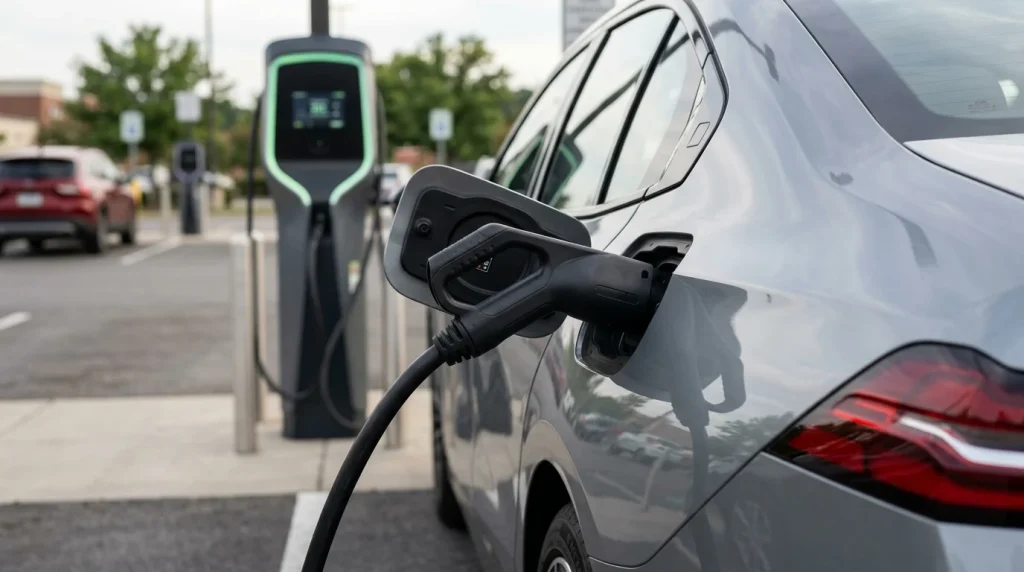 2026 BMW i5 Review: Price, Range, and Performance Upgrades 2 A close-up of a native NACS charging port on an electric vehicle plugged into a public charger.