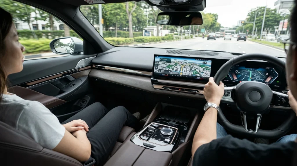 2026 BMW i5 Review: Price, Range, and Performance Upgrades 3 The curved display screen showing active GPS navigation inside the cabin of a 2026 BMW i5.