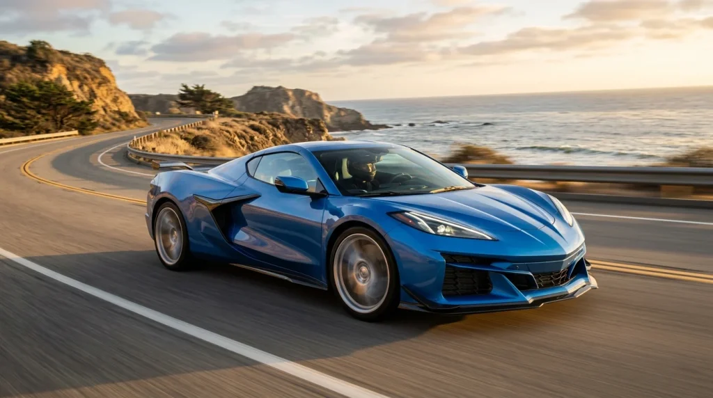 2026 BMW i8 M: Price, Specs, and the Reality Behind the Rumors 3 Chevrolet Corvette E-Ray driving on a scenic highway