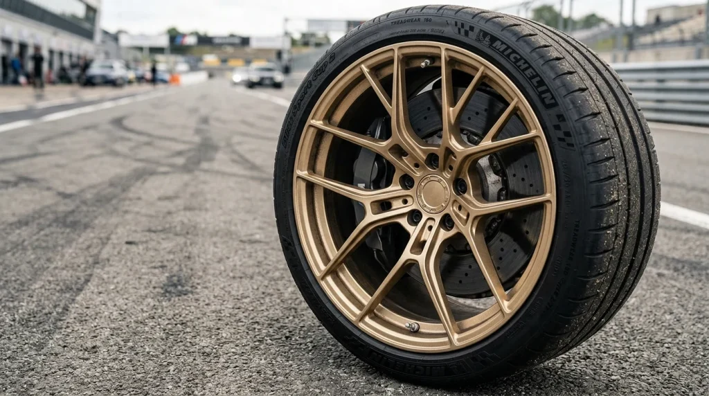 Close-up of the gold-bronze forged rear wheel on the 2026 BMW M2 CS
