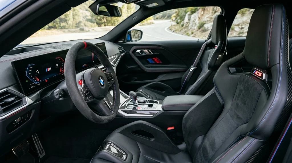 The track-focused cabin of the 2026 BMW M2 CS with M Carbon bucket seats