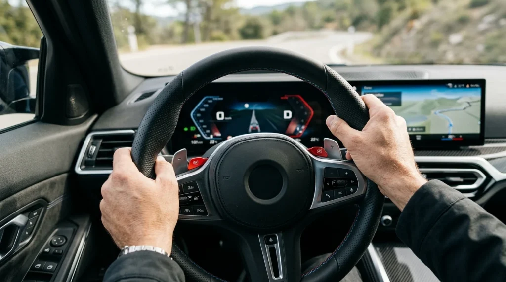 2026 BMW M3 Review: Price, Range, Performance, and Specs 4 Close-up of the heated steering wheel and curved digital display inside the 2026 BMW M3