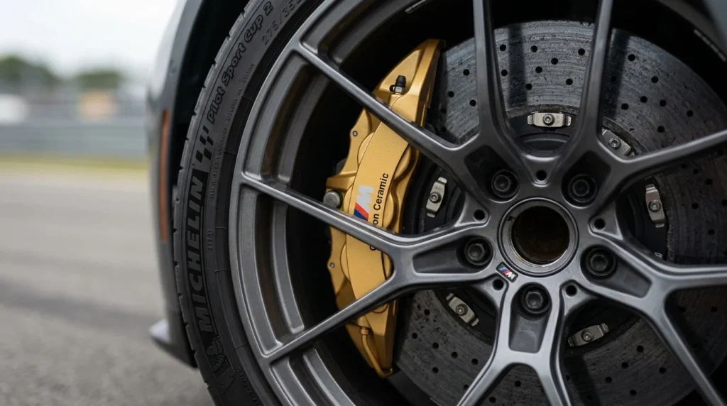 2026 BMW M3 Review: Price, Range, Performance, and Specs 5 Gold brake caliper of the M Carbon-Ceramic braking system on the 2026 BMW M3