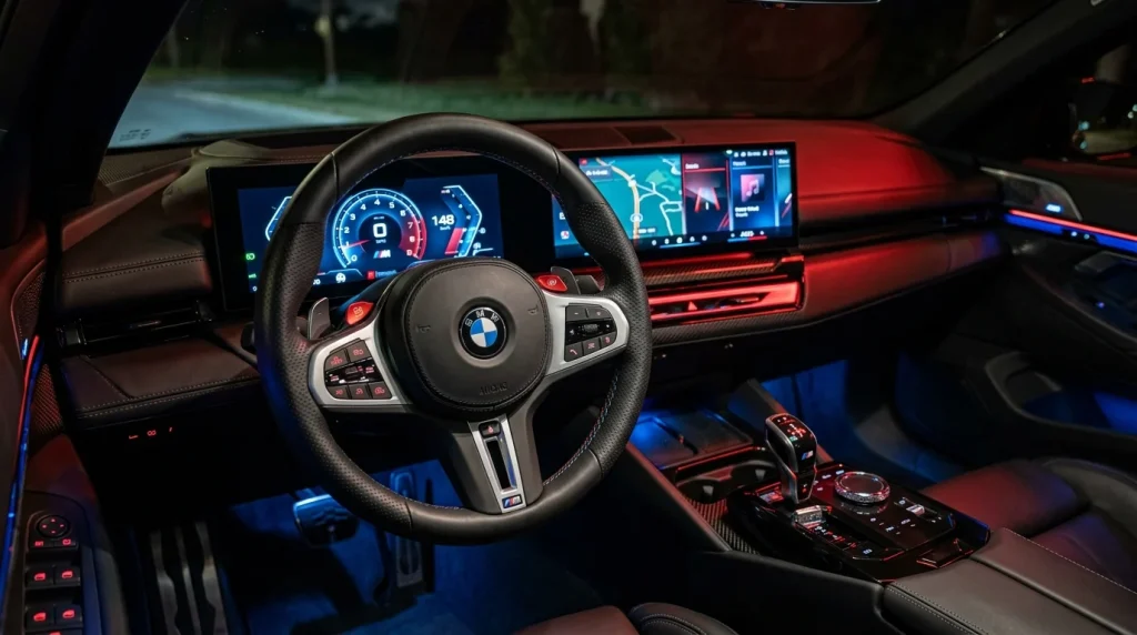 The interior cockpit dashboard of a sport sedan showing digital gauges and ambient lighting.