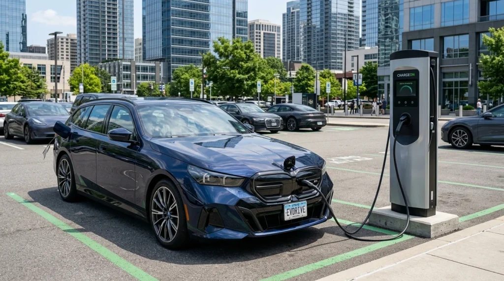 A plug-in hybrid performance sedan charging at a street charging station.