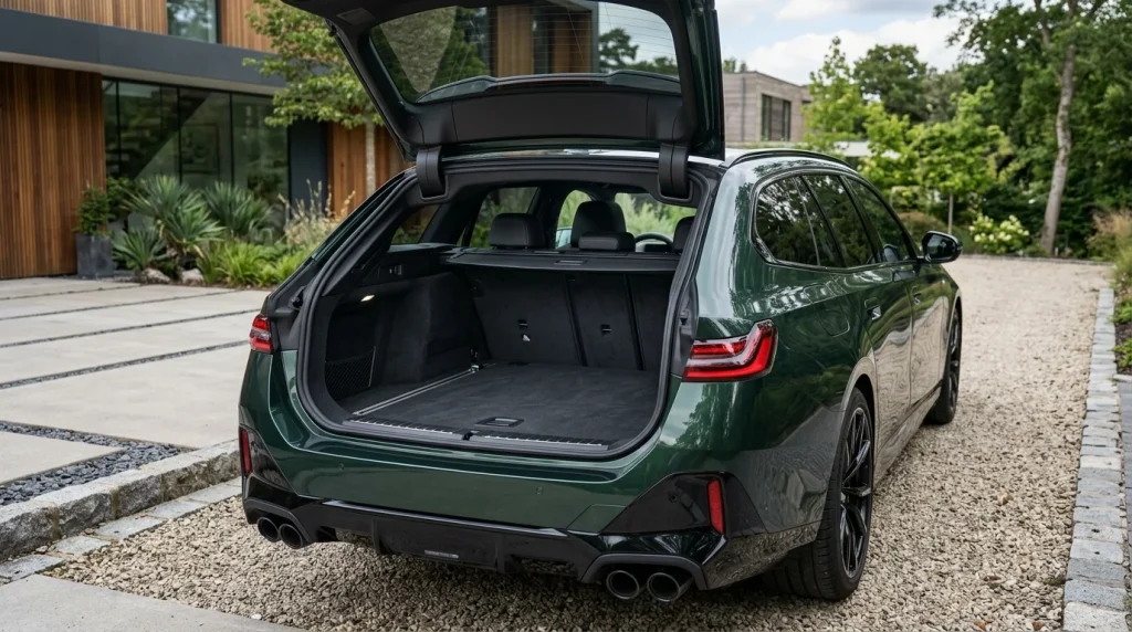 The rear cargo area of a 2026 BMW M5 Touring with the rear seats folded flat.