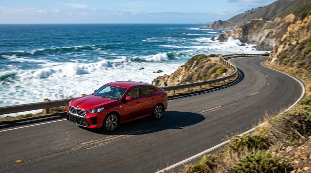 Red 2026 BMW X2 driving along the American coast