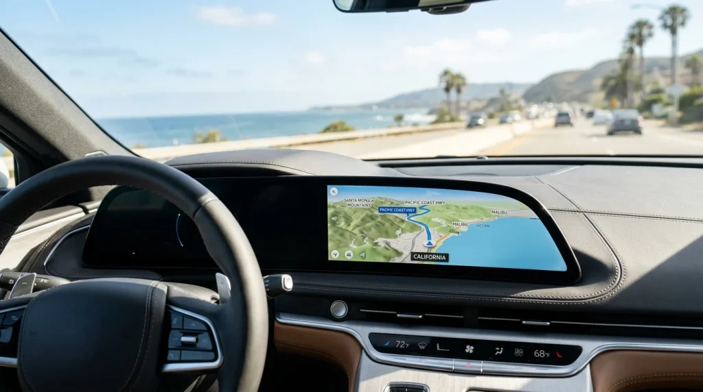 Infotainment curved screen in the cabin of a modern vehicle