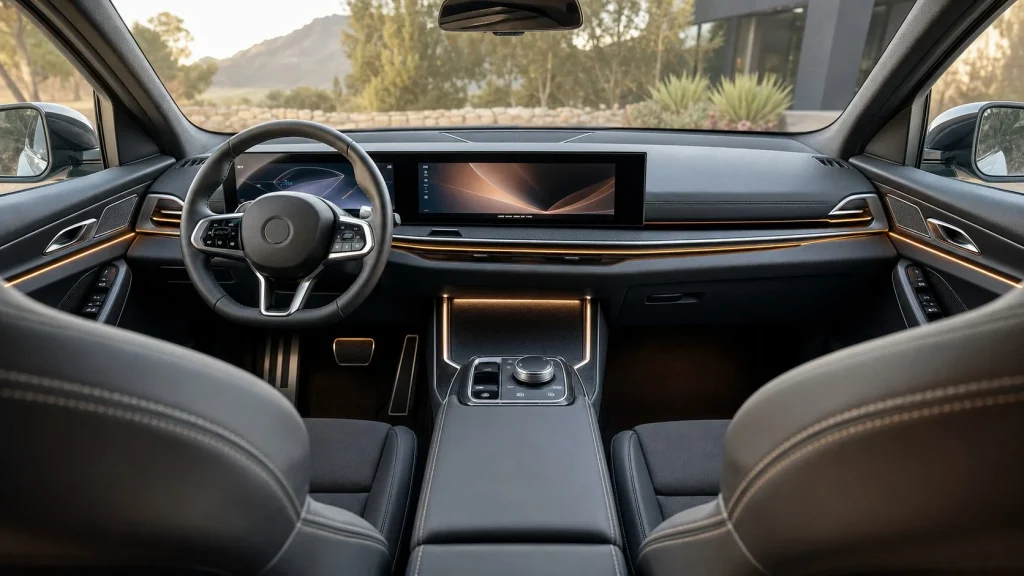 Modern dashboard and curved glass screen of the 2026 BMW X3 interior with ambient lighting.