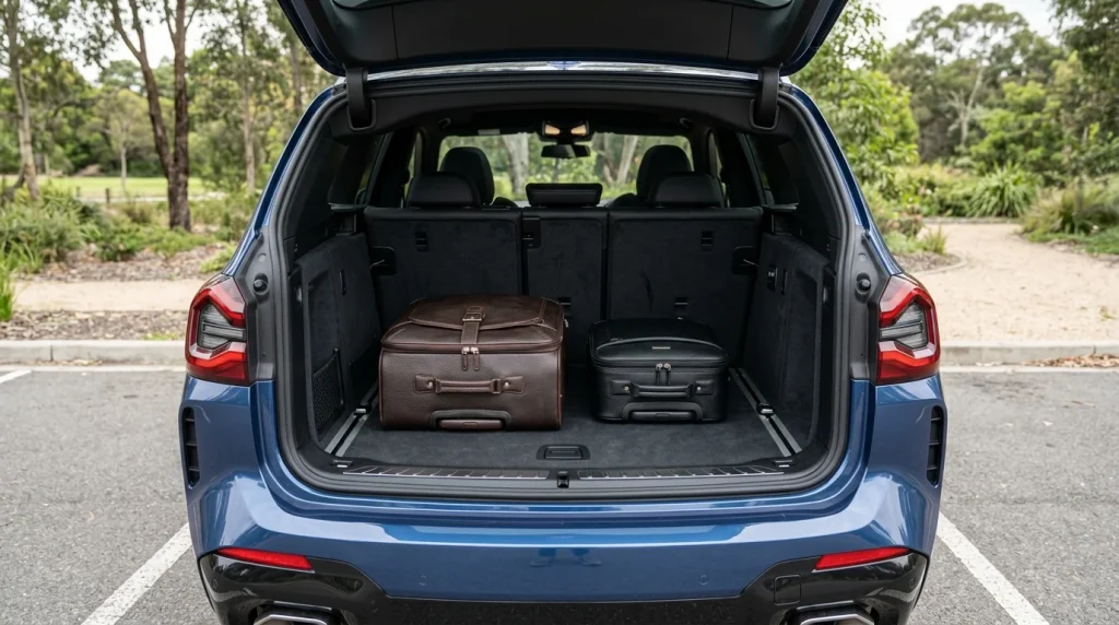 Spacious cargo trunk of the 2026 BMW X3 with seats folded and two suitcases inside.