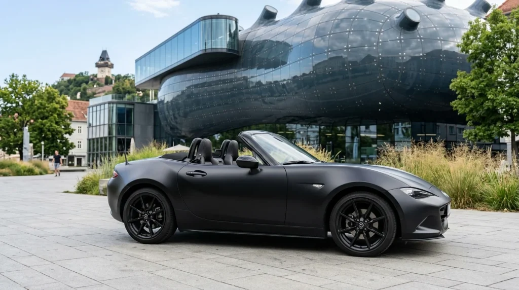 2026 BMW Z4 Review: Price, Specs, and the Final Edition 5 A matte black roadster parked outside a modern facility, commemorating the Z4 discontinuation
