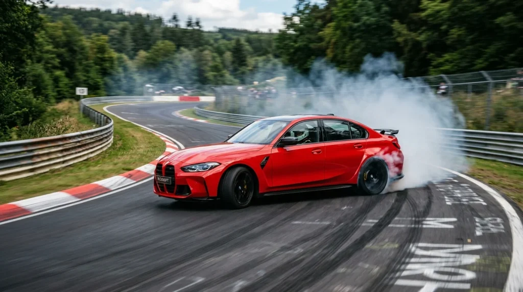 The BMW M Concept Neue Klasse electric sedan drifting on a racetrack curve