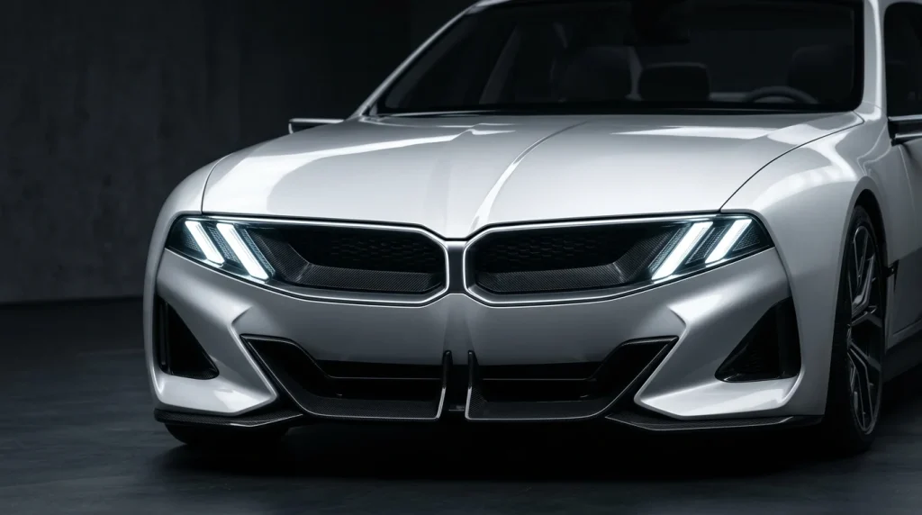 Close-up of the front grilles and slanted headlights of the BMW M Concept Neue Klasse