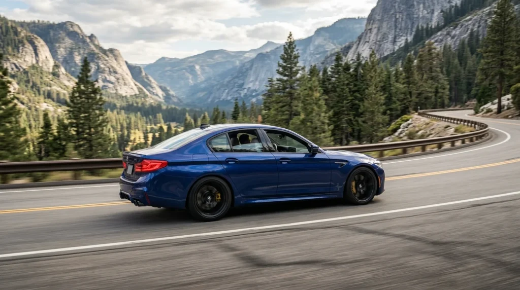 A high-performance hybrid sports sedan driving on a mountain road showing its quad exhausts.