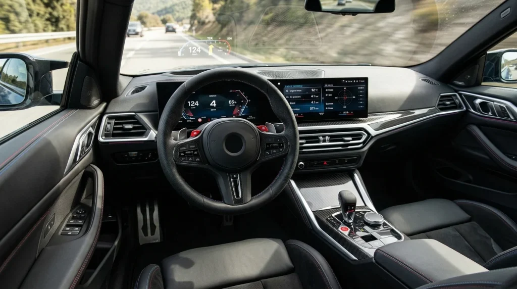 Minimalist modern car cockpit featuring Panoramic iDrive windshield projection and sport steering wheel.