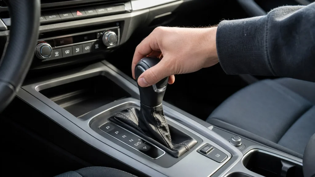 Close-up of the DSG S-tronic gear shifter inside the cabin of a used Audi A3.