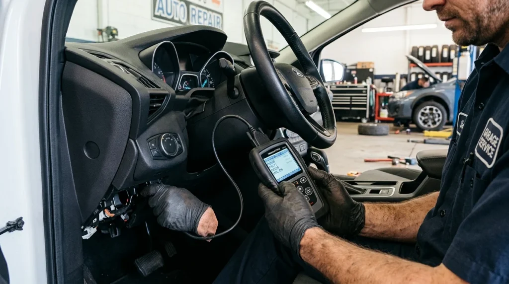 A mechanic plugging a diagnostic scanner into an Audi A3 dashboard port during inspection.