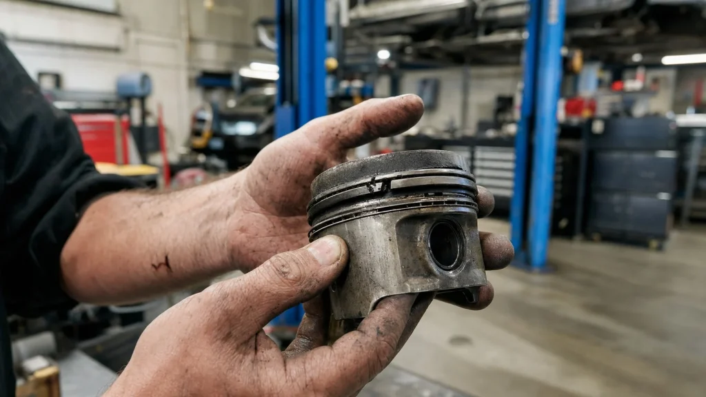 A mechanic holding a worn metal piston with damaged piston rings in a repair shop.