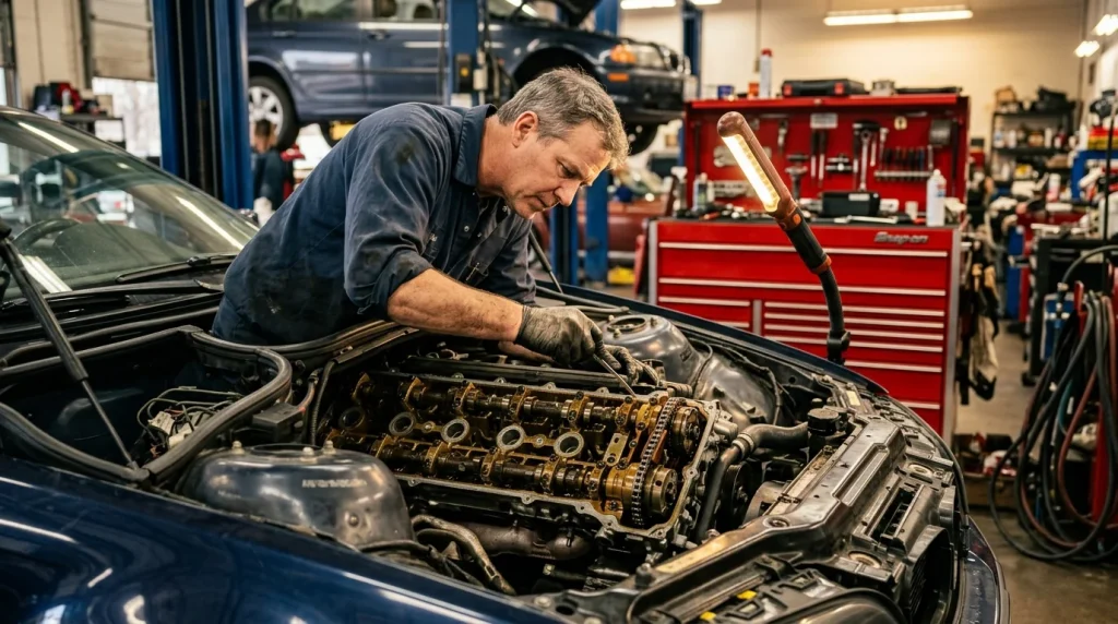 A mechanic inspecting a timing chain assembly on an engine in a garage.