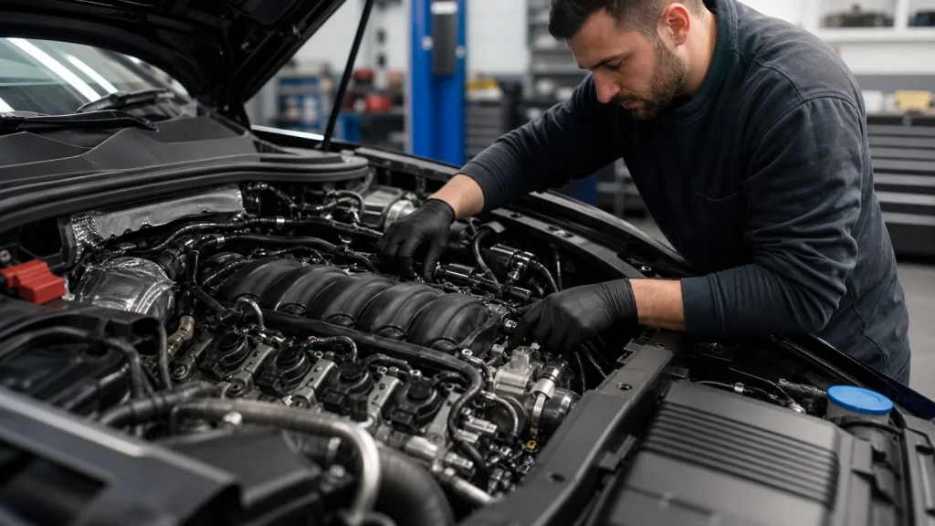A mechanic inspecting the 3.0T engine of a 2017 Audi Q7 in a workshop