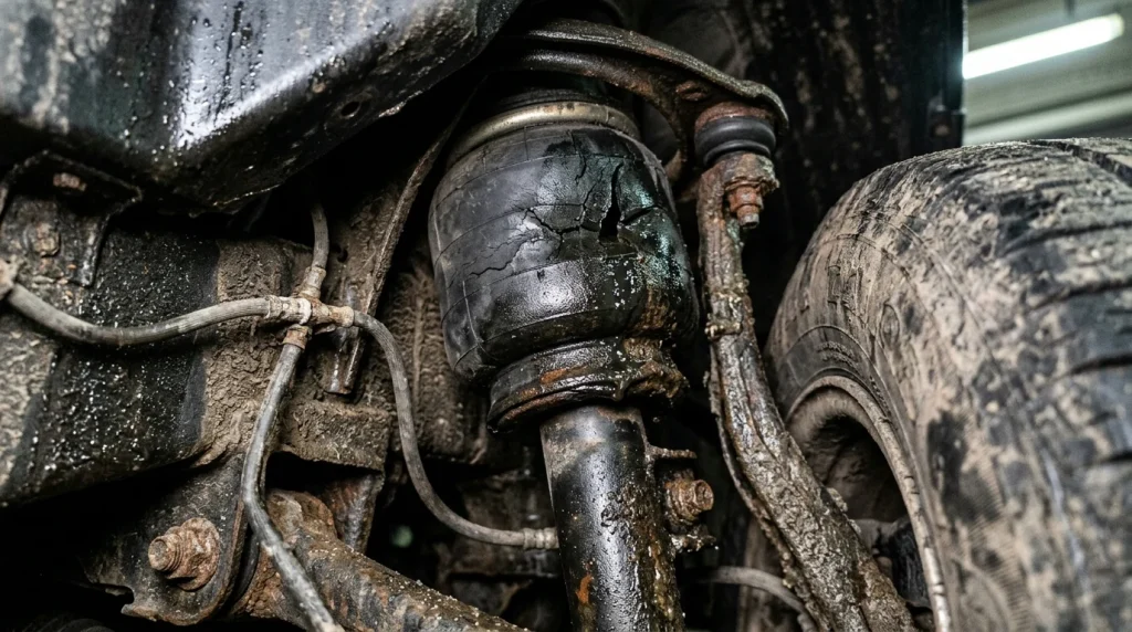 A worn and leaking air suspension strut under a luxury SUV wheel well