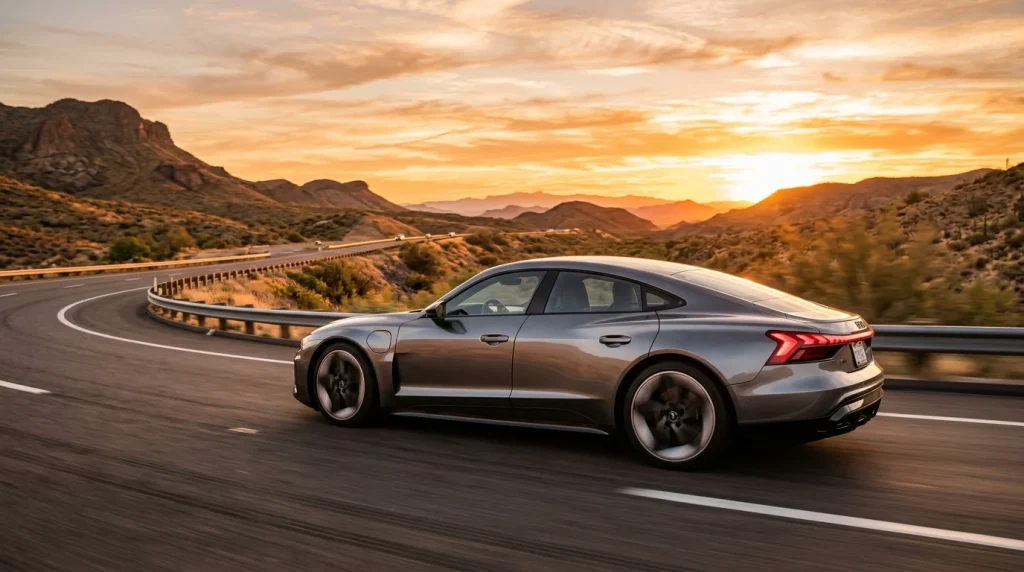10 Best Audi Cars Ranked by Category (2026 Update) 3 A silver 2026 Audi RS e-tron GT Performance driving at high speed on the highway.