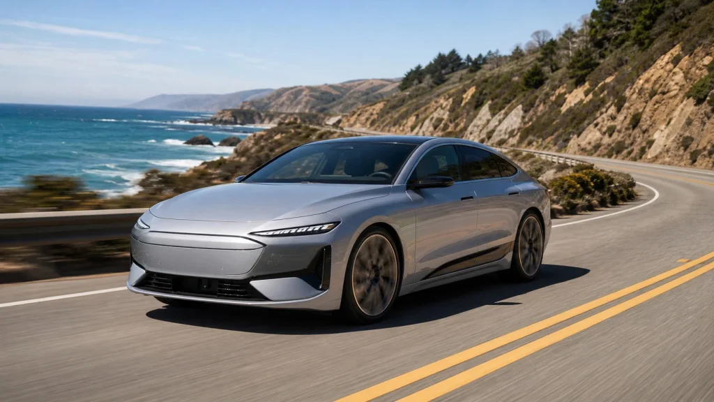 A silver Audi A6 e-tron Sportback driving along a coastal highway in the United States.
