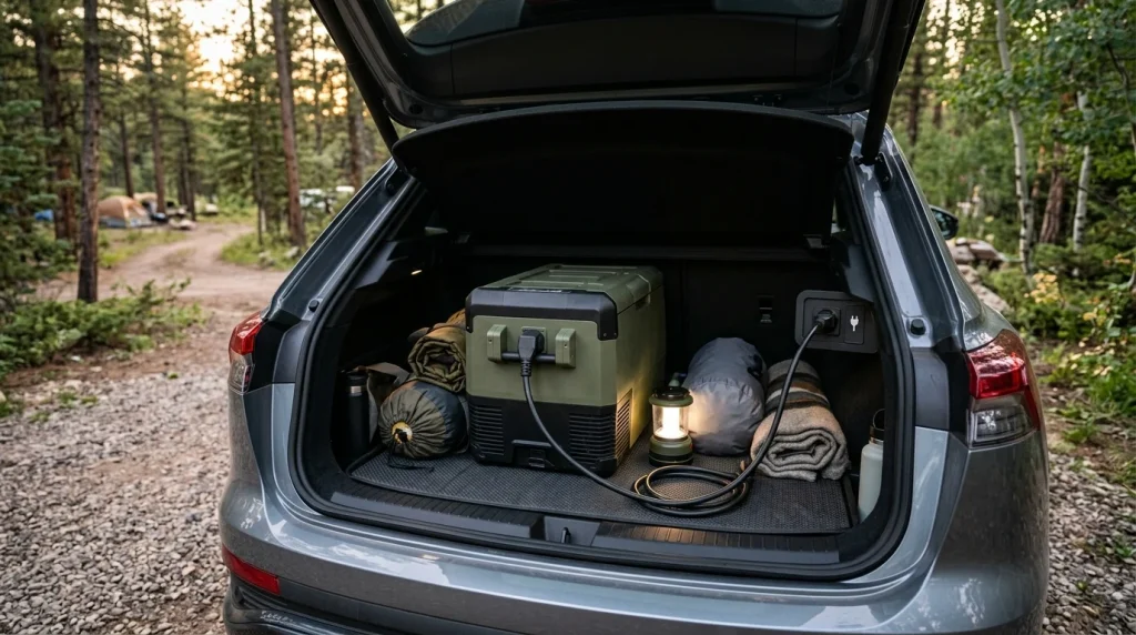 A camping appliance plugged into the V2L power outlet inside the trunk of an Audi Q4 e-tron.