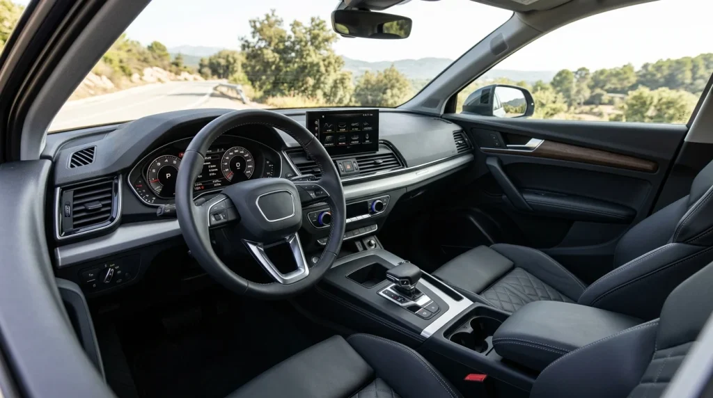 The interior cabin of the 2026 Audi Q5 highlighting the physical steering controls.