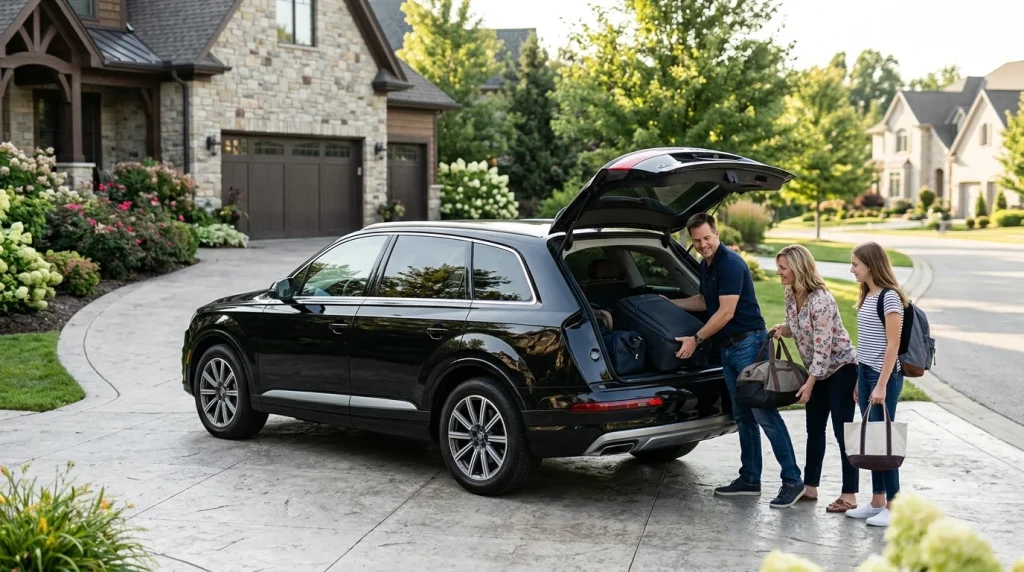 A black Audi Q7 parked in a suburban driveway.