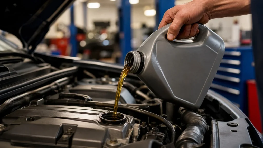 Pouring synthetic motor oil into a diesel engine in a US garage