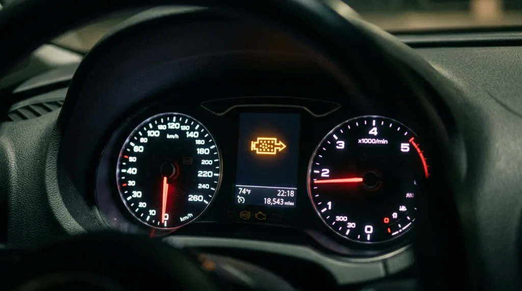 Diesel particulate filter warning indicator light illuminated on dashboard