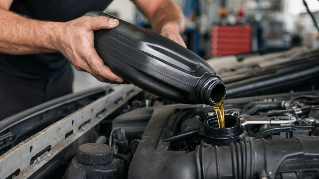 Synthetic motor oil being poured into the oil filler neck of a car engine.
